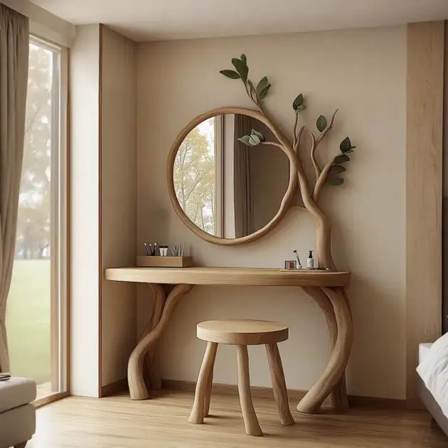 Solid Wood Dressing Table With Mirror Handmade Unique Grain